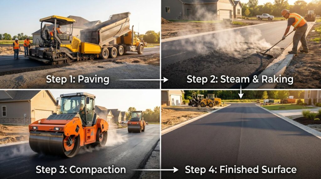 Stages of asphalt hardening from installation to cooling.